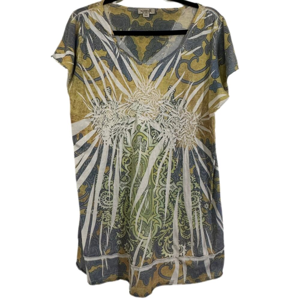 One World Womens Artsy Multi Pattern Multi Color Tunic Top Short Sleeve SZ Large